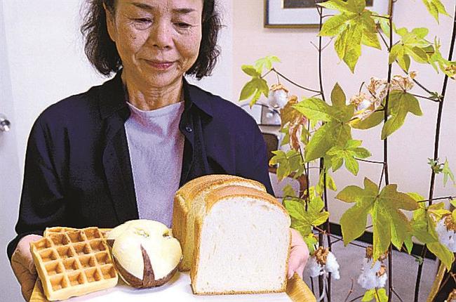 伯州綿（右）の花から分離した酵母を使ったパンとワッフルを紹介する岩佐美穗理事長＝境港市上道町、市役所