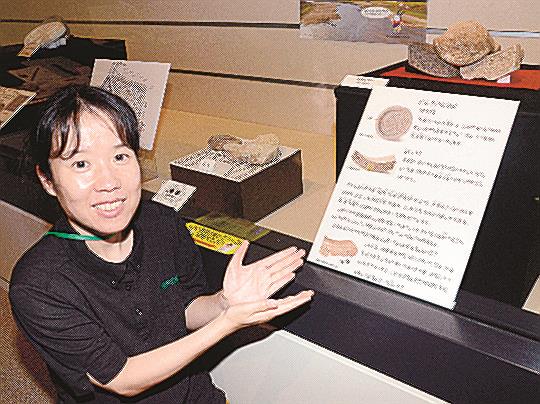 天寺平廃寺の瓦を紹介する柏谷実加学芸主任＝出雲市斐川町神庭、荒神谷博物館