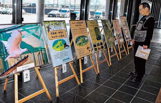 ラムサール条約と宍道湖・中海をテーマにした展示パネルを見る来場者＝雲南市木次町里方、市役所