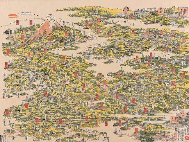 戴斗期「東海道名所一覧（とうかいどうめいしょいちらん）」　縦４４．２×横５８．４?もある大型の版画で、日本橋から京都までの東海道を鳥瞰（ちょうかん）図法で描いた作品です。東海道の各宿場や名所を驚くほど細かく描いていて、熟視すればゴマ粒ほどの旅人の姿も確認できます。