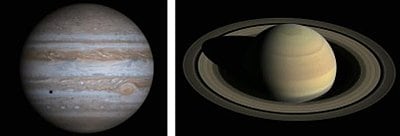 　探査機（たんさき）「カッシーニ」が撮影（さつえい）した木星（左）と土星＝提供 ＮＡＳＡ／ＪＰＬ／Ｕｎｉｖｅｒｓｉｔｙ　ｏｆ　Ａｒｉｚｏｎａ／Ｓｐａｃｅ　Ｓｃｉｅｎｃｅ　Ｉｎｓｔｉｔｕｔｅ