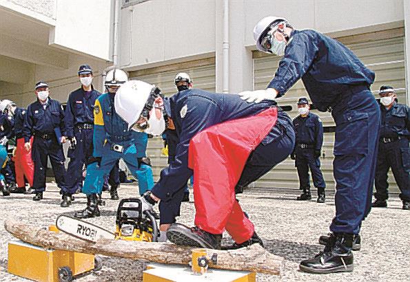 チェーンソーを使って木を切断する署員＝島根県西ノ島町浦郷、浦郷署