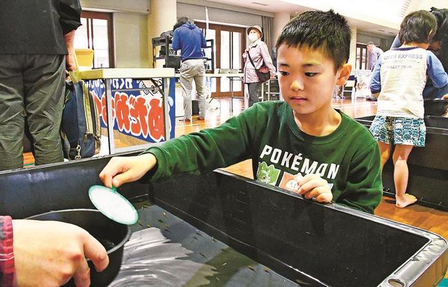 メダカすくいに挑戦する児童＝松江市宍道町上来待、宍道農村環境改善センター