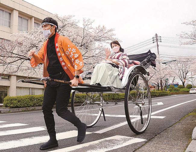 桜の木の下を走る人力車＝雲南市木次町里方