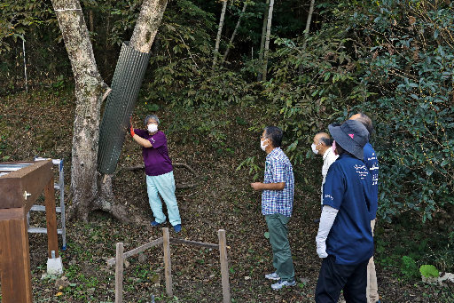 クマの木登り防止用トタンの設置方法を聞く参加者=益田市大谷町