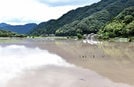 濁流に漬かった畑＝１５日午前１０時４９分、江津市桜江町田津