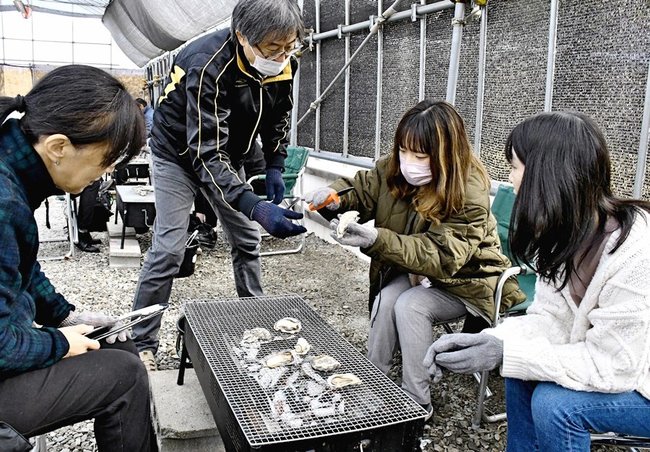 公園関係者（左から２人目）に教わりながら、カキの殻を外す来場客＝雲南市三刀屋町坂本、明石緑が丘公園