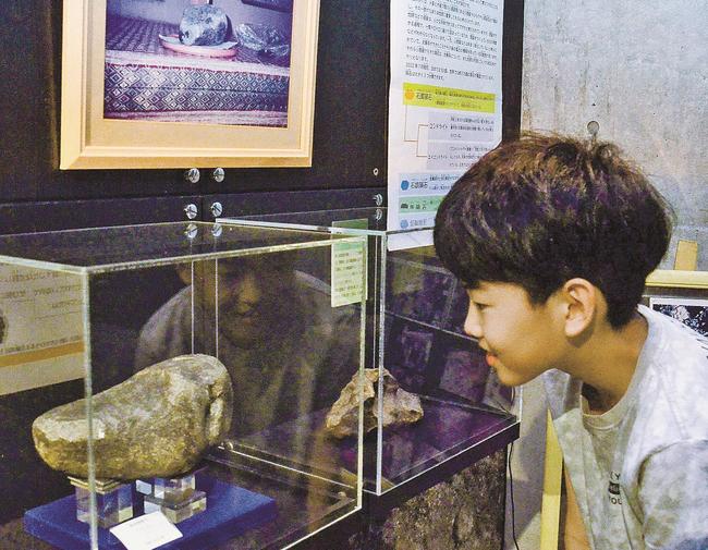 松江市美保関町の民家に落ちた隕石のレプリカを楽しむ来場者＝松江市宍道町東来待、来待ストーン
