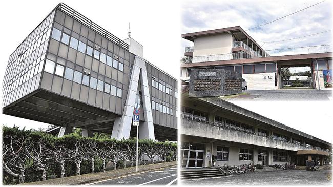 空き家状態となっている旧江津市庁舎（左）と、統合が計画される津宮小（右上）と川波小（右下）