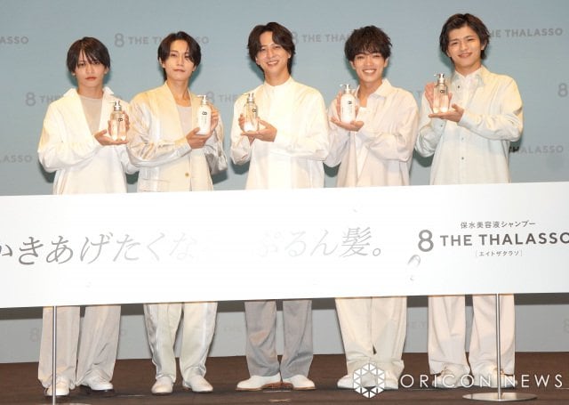 「8 THE THALASSO（エイトザタラソ）」新CM発表会に登壇したtimelesz（左から）猪俣周杜、橋本将生、寺西拓人、原嘉孝、篠塚大輝 （C）ORICON NewS inc.