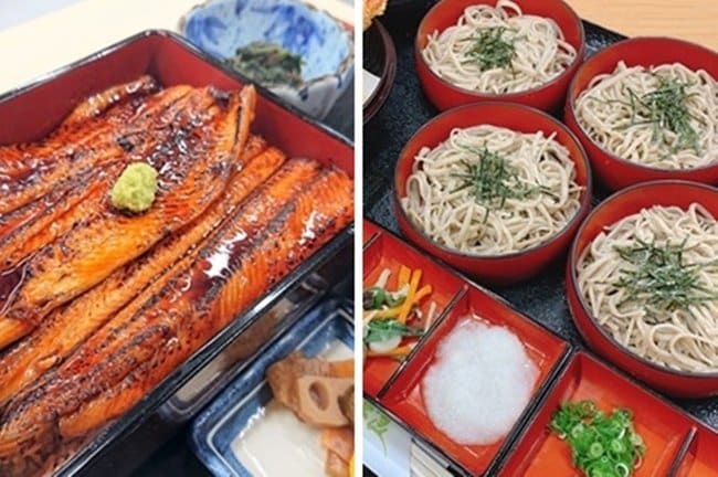 さんべ荘である王将戦の昼食メニューにあるアナゴ重（左）と三瓶そば