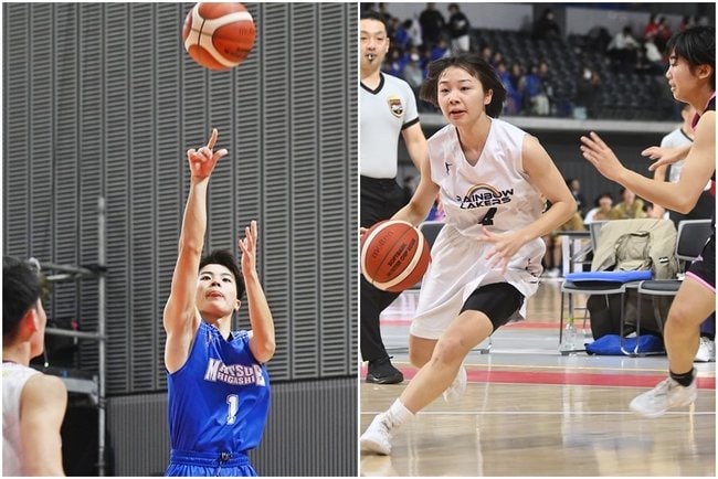 【男子１回戦・松江東－九州学院】第１クオーター、松江東の梶谷良和（右）がシュートを放つ／【女子１回戦・松江商－千葉英和】第１クオーター、松江商の松本芽已（左）がドリブルで攻め込む＝いずれも武蔵野の森総合スポーツプラザ