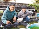 改良メダカの魅力を伝えるイベントを企画した案田薫さん（右）ら＝雲南市加茂町宇治