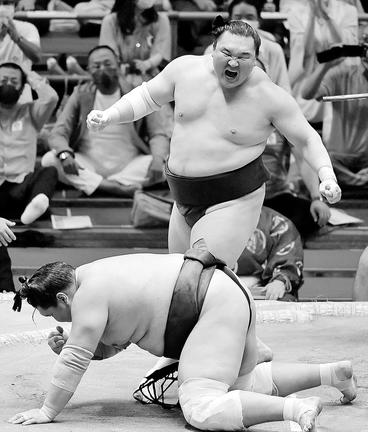 大相撲名古屋場所千秋楽、小手投げで照ノ富士を破り、雄たけびを上げる白鵬。7場所ぶり45度目の優勝を果たした=18日、名古屋市のドルフィンズアリーナ