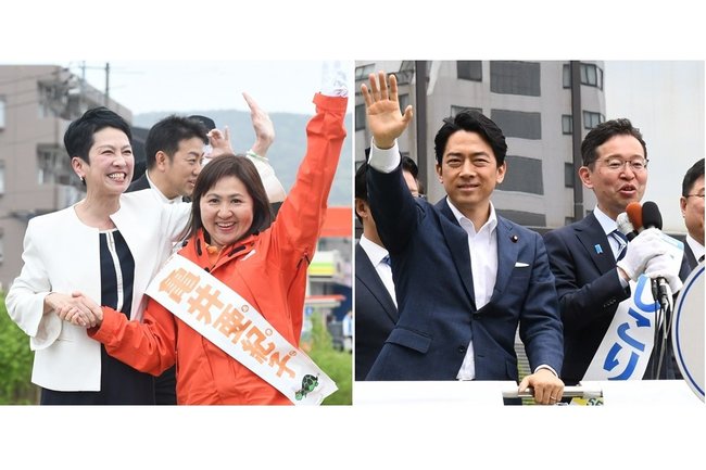 （写真右）支持を訴える小泉進次郎元環境相（左）と錦織功政候補＝松江市朝日町、松江テルサ前。（写真左）有権者に手を振る蓮舫参院議員（左）と亀井亜紀子候補＝松江市学園２丁目、みしまや学園店前