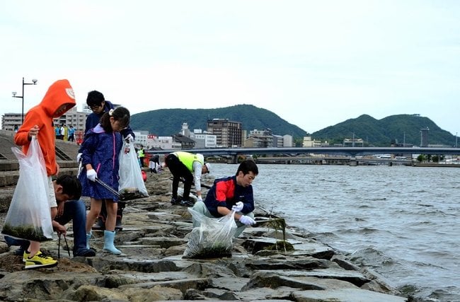 ２０２４年６月に行われた宍道湖岸の一斉清掃でごみを拾う参加者