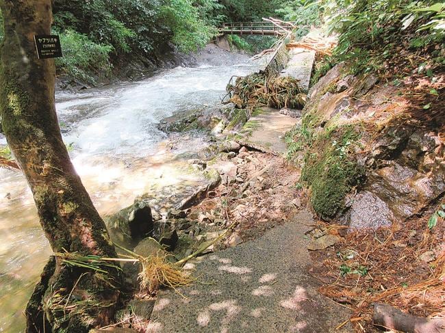 大雨で崩壊した遊歩道＝雲南市掛合町入間、八重滝