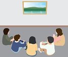 対話型鑑賞法で作品を鑑賞するイメージ。左は思考サイクルの図