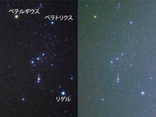 ベテルギウスの明るさの違（ちが）い。２０１６年１２月２日（左）と２０２０年１月５日撮影（さつえい）