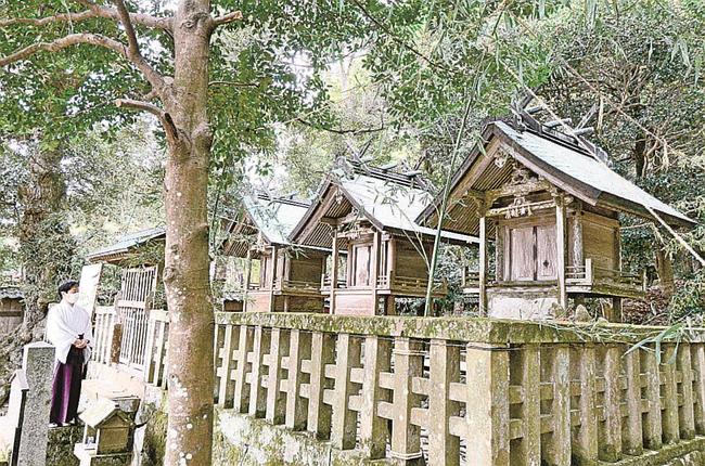 建て直される「御三社」。左から稲荷社、天穂日命社、荒神社＝出雲市大社町杵築東、出雲大社北島国造館