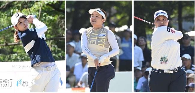 ７アンダーで１位タイにつけた（左から）木下彩、宮崎乙実、酒井美紀＝大山平原ゴルフクラブ