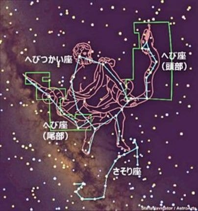 へび座の領域（りょういき）（緑色の線）＝アストロアーツ／ステラナビゲータの星図を元に作成