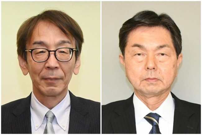 届け出順に右から元小学校長の小沢敦彦氏と、現職の森安保氏