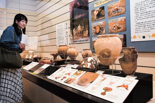 吹きこぼれの痕跡があるかめなどを見学する来館者＝出雲市斐川町神庭、荒神谷博物館