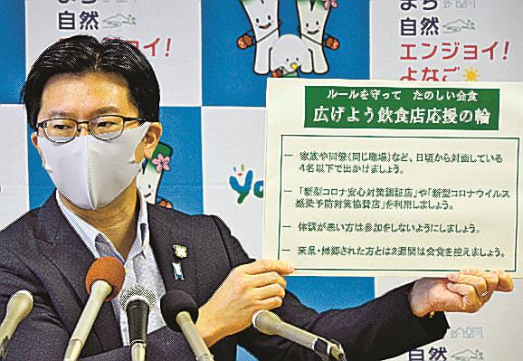 飲食店の利用促進企画を発表し、利用時の注意点を説明する伊木隆司市長＝米子市加茂町１丁目、市役所