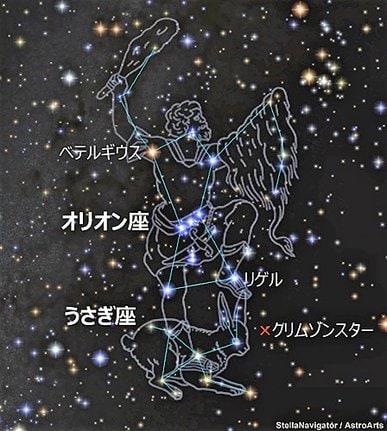 オリオン座と、うさぎ座の位置の関係＝アストロアーツ／ステラナビゲータの星図（せいず）を元に作成