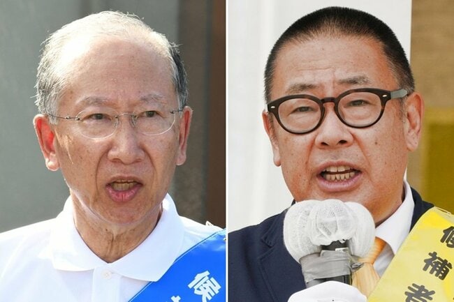 無所属新人の中村学氏、無所属現職の楫野弘和氏（右から）