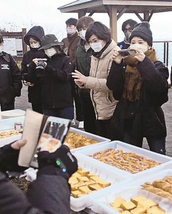 朝食メニューをスマートフォンで撮影するイベント参加者＝大田市三瓶町、三瓶山東の原