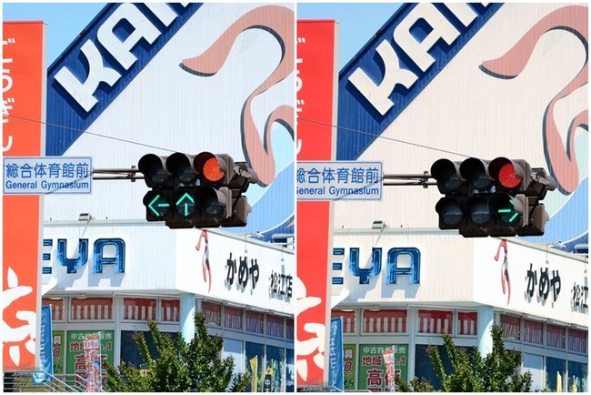 三色灯器が赤のまま、矢印灯器が進行可能な方向を示している＝松江市学園南１丁目