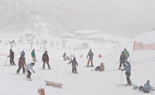 雪が舞う中、多くの来場者でにぎわう琴引フォレストパークスキー場＝２８日、島根県飯南町佐見