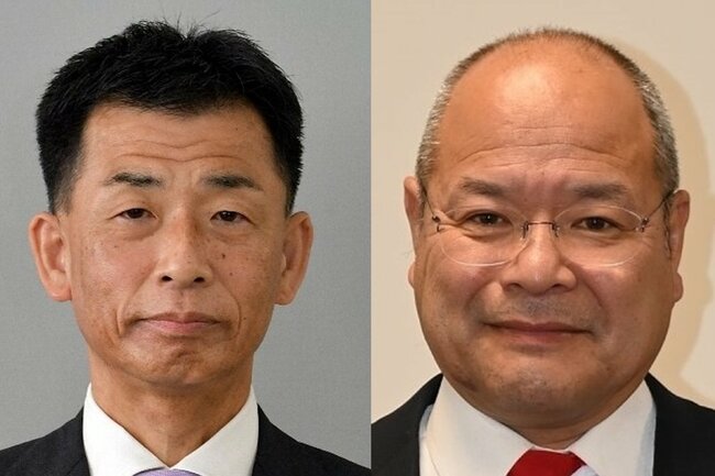 雲南市長選に立候補した石飛厚志氏、新田誠氏（右から届け出順）