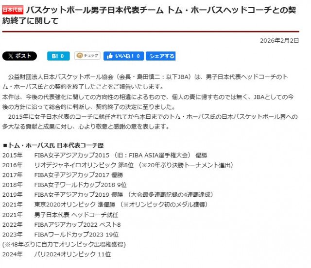 日本バスケ協会、男子日本代表監督のトム・ホーバス氏の契約終了を発表
