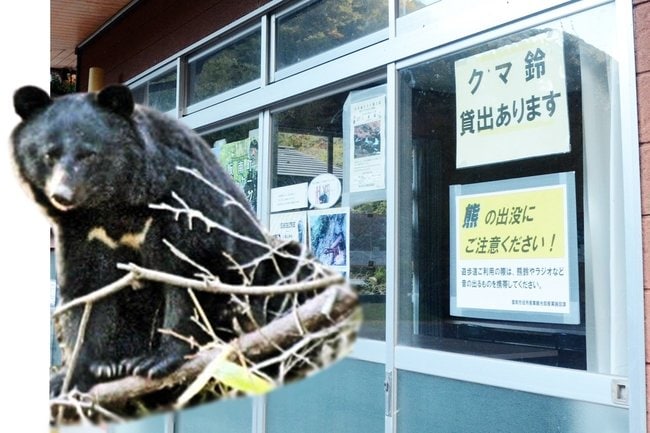 ツキノワグマへの注意を呼びかける張り紙（写真右）。観光施設によっては鈴を貸し出すところもある＝雲南市掛合町入間、八重滝