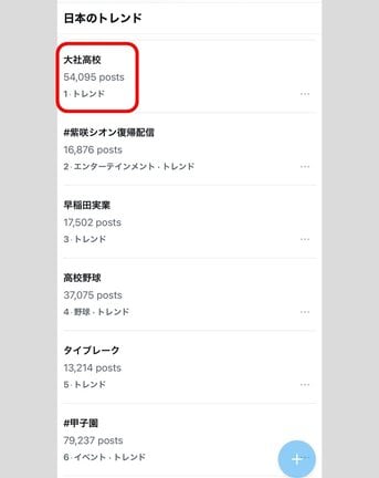「Ｘ」のトレンドで「大社高校」が１位になったスクリーンショット（１７日午後８時２５分頃）。３位以下も大社－早実戦の関連ワードが続いた