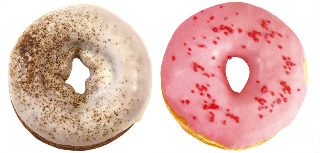 不二家「milkyドーナツ」新作登場(左から)milkyドーナツ(ほうじ茶チョコ)、リングドーナツ(いちご)