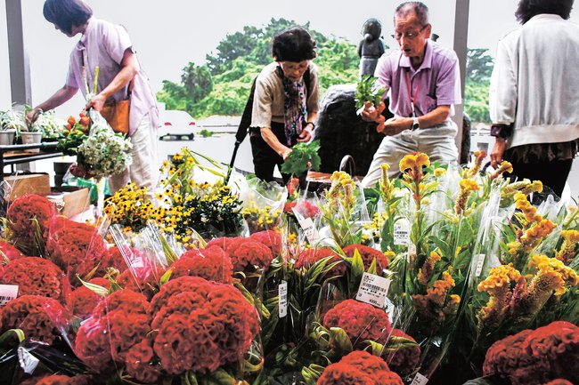 盆用の花を選ぶ来店客＝松江市野原町、道の駅本庄