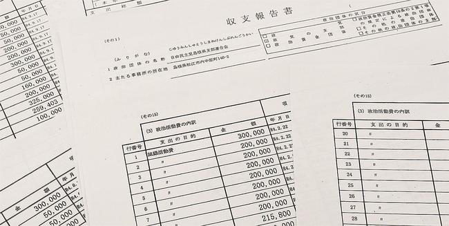 支出の目的で「組織活動費」が並ぶ自民党島根県連の２０２２年の収支報告書