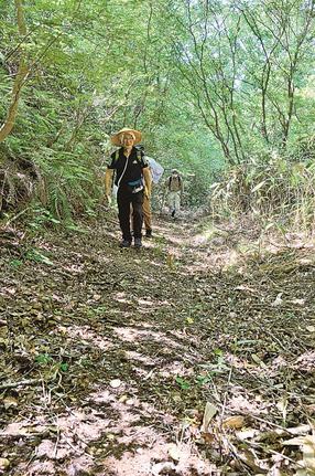 整備した山道を歩く出雲山の会のメンバー＝出雲市乙立町