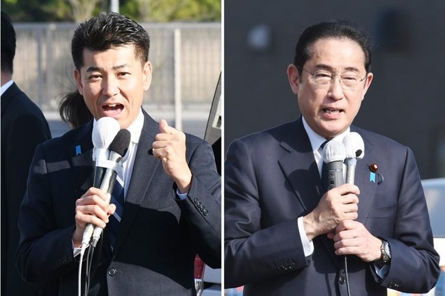 錦織功政候補の応援演説をする岸田文雄首相（右）、街頭で亀井亜紀子候補の支援を呼びかける泉健太代表＝ともに松江市内
