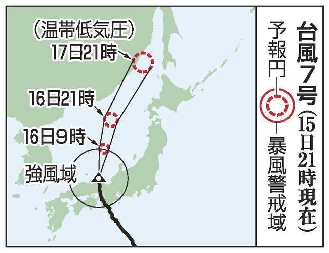 台風７号の予想進路（１５日２１時現在）