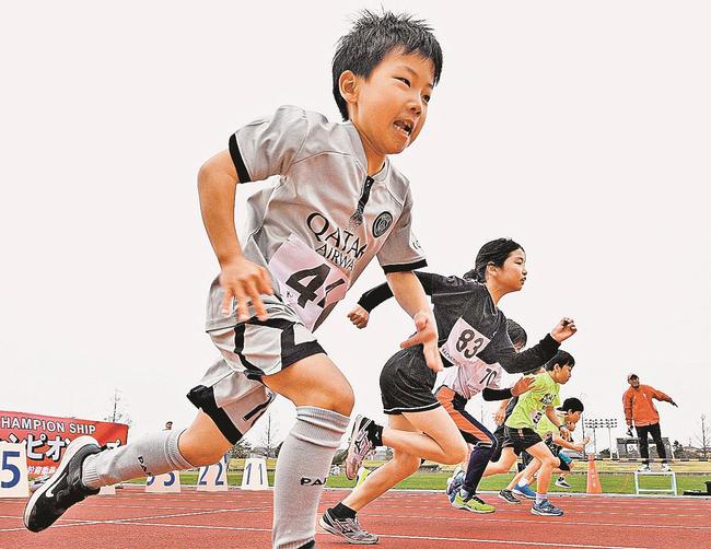 50㍍走で勢いよくスタートする児童＝松江市上乃木10丁目、市営陸上競技場