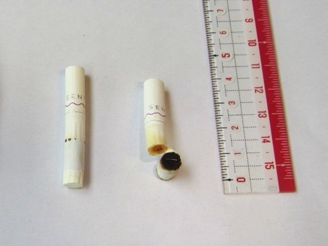 浜田医療センターを受診した乳幼児がくわえた加熱式タバコ。切断面に金属片が入っている。（浜田医療センター提供）