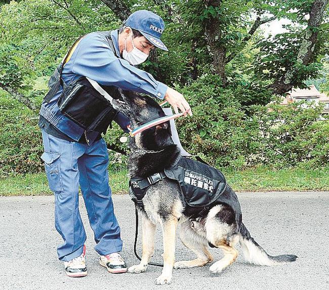 指導手の高橋正実さんから嘱託警察犬のメダルを掛けられるファーブル号＝雲南市三刀屋町三刀屋