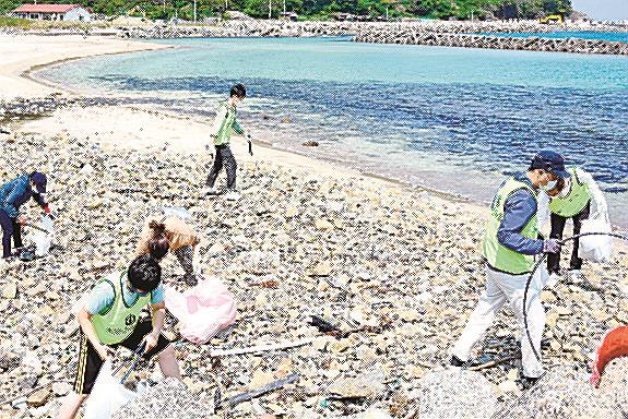 野波海浜公園でごみ拾いをする参加者＝松江市島根町野波、野波海浜公園