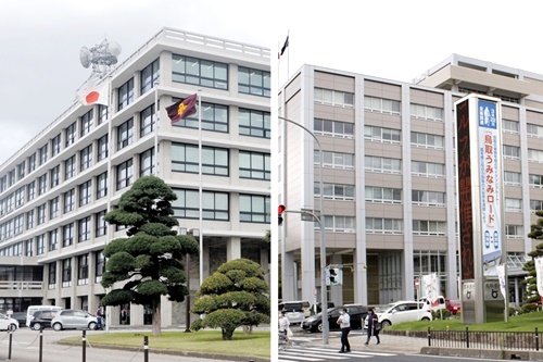 島根県庁（左）と鳥取県庁