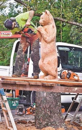 モミの木をチェーンソーで削り出し、猫の彫刻作品に仕上げる林隆雄さん＝益田市久城町、専光寺